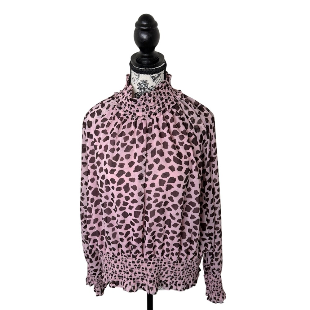 Ann Taylor Blouse women Pink/brown Size L  Ruffle Zip Back Animal Print